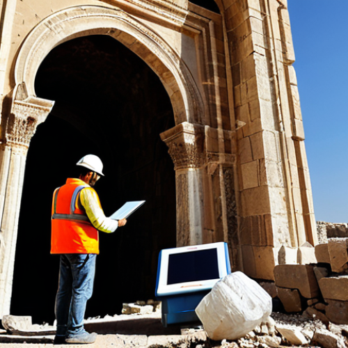 Home 11 A professional team of dedicated architectural engineers and cultural heritage experts, fully clothed in appropriate, modest protective workwear, meticulously using advanced technology for site documentation and restoration planning at an ancient Syrian historical location. One expert operates a high-precision 3D laser scanner capturing the detailed textures of a grand, partially damaged ancient archway, while another analyzes data on a rugged tablet display. The background features the majestic, yet visibly scarred, stone architecture under a clear, hopeful sky, blending ancient and modern elements. perfect anatomy, correct proportions, natural pose, well-formed hands, proper finger count, natural body proportions, safe for work, appropriate content, professional, family-friendly.