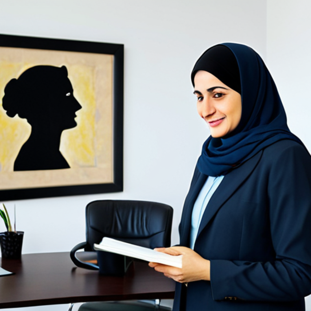 시리아 난민이 많은 국가 - Psychological Well-being**
"A fully clothed, professional Syrian woman, perhaps a therapist or coun...