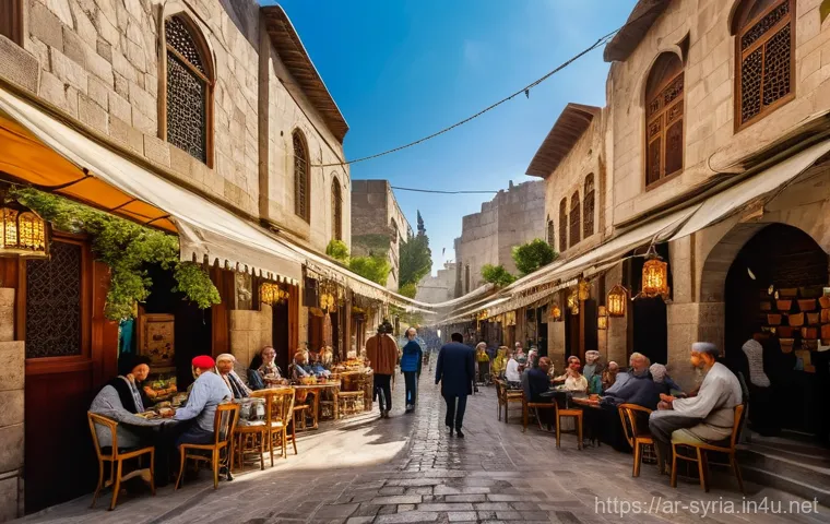 시리아 여행 시 주의할 점 - "A picturesque scene in the heart of Damascus Old City. Visualize narrow, ancient cobblestone alleys...