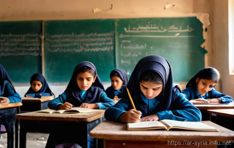 시리아의 교육 체계 - **A Resilient Classroom Amidst Challenges:** A deeply atmospheric image of a Syrian classroom inside...