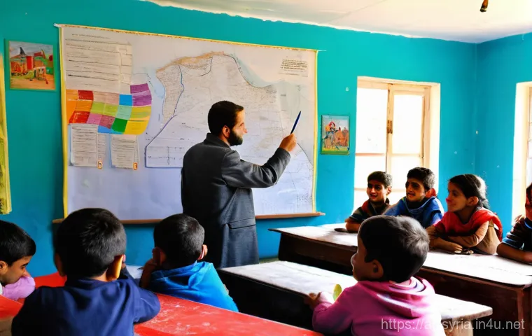 시리아의 교육 체계 - **A Resilient Classroom Amidst Challenges:** A deeply atmospheric image of a Syrian classroom inside...
