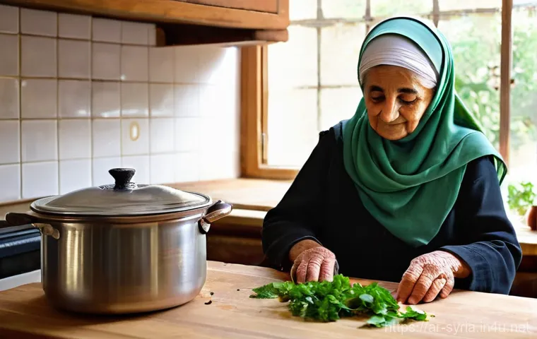 시리아 가정요리의 특징 - **Prompt for Syrian Grandmother Cooking:**
    "A heartwarming, highly detailed realistic portrait o...