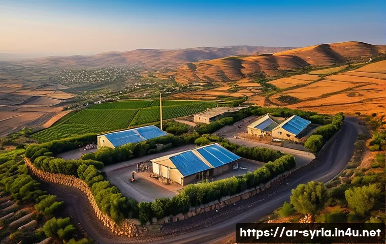 시리아와 이스라엘 간의 분쟁 - A detailed aerial view of the Golan Heights landscape at sunset, showcasing rugged hills and strateg...