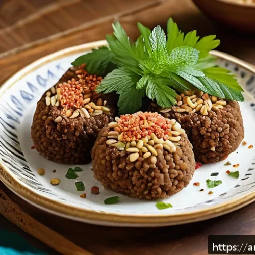 시리아 전통 음식 소개 - A beautifully arranged traditional Syrian dining table featuring a variety of kibbeh types: raw kibb...
