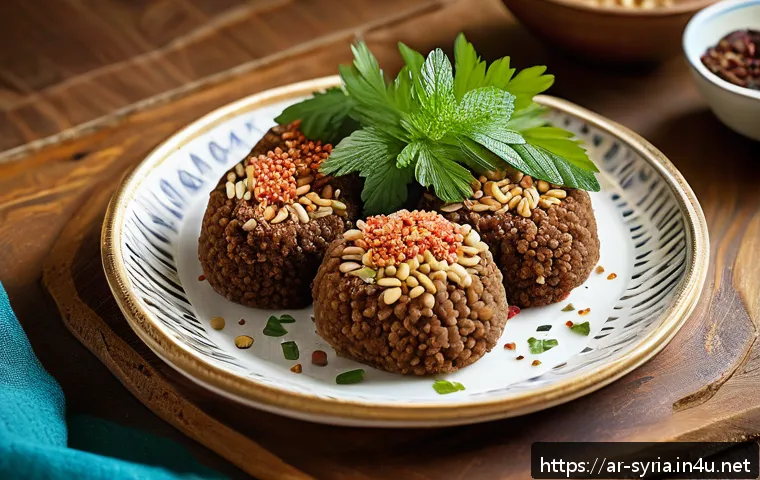 시리아 전통 음식 소개 - A beautifully arranged traditional Syrian dining table featuring a variety of kibbeh types: raw kibb...