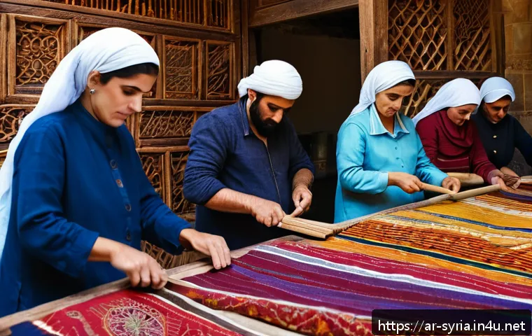 시리아 전통 장식품과 공예 - A detailed scene of a traditional Syrian artisan workshop in Damascus, showing skilled craftsmen and...