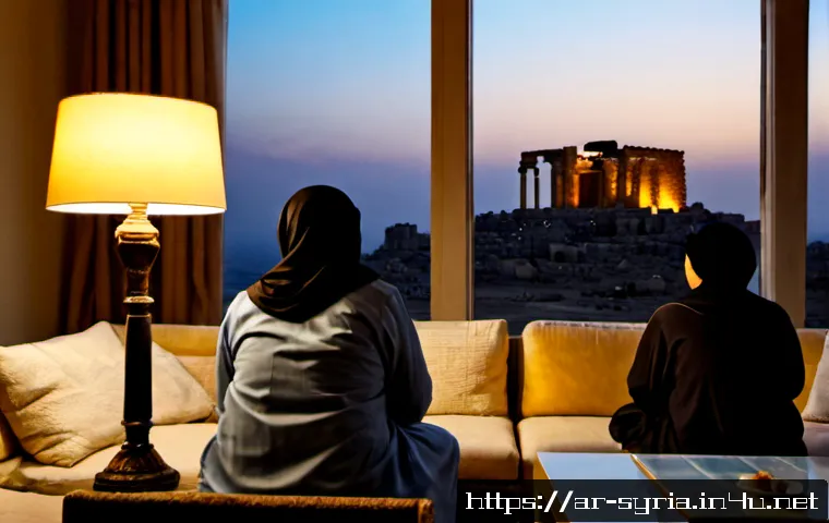 시리아 관련 추천 다큐멘터리 - Photorealistic documentary-inspired scene of an Arab family in a cozy living room watching a televis...