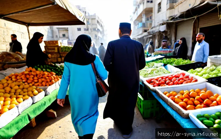 시리아의 현대 경제 상황 - Photorealistic documentary-style scene of a Syrian family shopping at a modest open-air produce mark...
