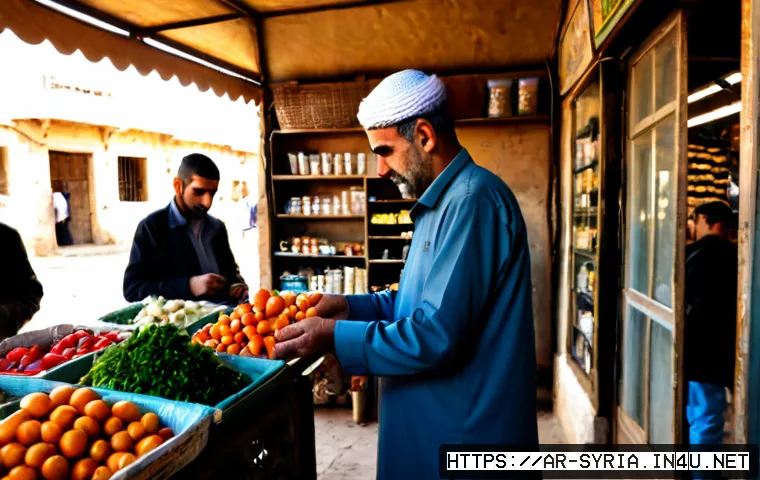 시리아 경제 제재와 그 영향 - Photorealistic documentary-style scene in a modest Syrian neighborhood market at golden hour, an Ara...